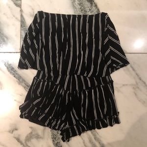 Black and white striped strapless romper